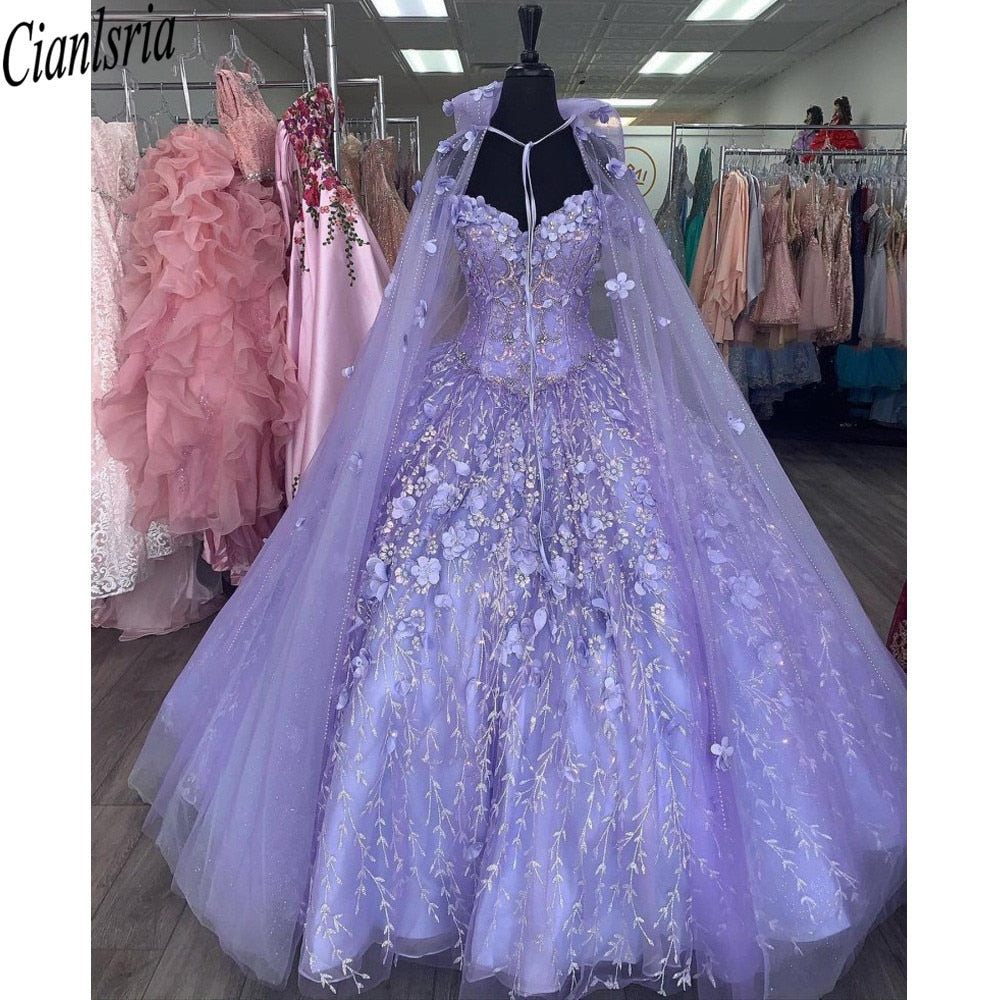Mexican Vestido De 15 Anos Lilac Charro Quinceanera Dresses with Cloak Lace Applqiued Corset Sweet 16 Dress Abiti Da Cerimonia