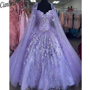 Mexican Vestido De 15 Anos Lilac Charro Quinceanera Dresses with Cloak Lace Applqiued Corset Sweet 16 Dress Abiti Da Cerimonia