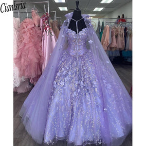 Mexican Vestido De 15 Anos Lilac Charro Quinceanera Dresses with Cloak Lace Applqiued Corset Sweet 16 Dress Abiti Da Cerimonia