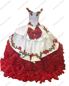 2021Fairy Red and White Ball Gown Off the Shoulder Cheap Quinceanera Prom Dress Floral Flowers Charro Mexican Ruffles Satin XV