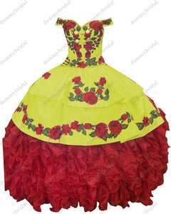 2021Fairy Red and White Ball Gown Off the Shoulder Cheap Quinceanera Prom Dress Floral Flowers Charro Mexican Ruffles Satin XV