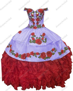 2021Fairy Red and White Ball Gown Off the Shoulder Cheap Quinceanera Prom Dress Floral Flowers Charro Mexican Ruffles Satin XV