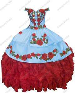 2021Fairy Red and White Ball Gown Off the Shoulder Cheap Quinceanera Prom Dress Floral Flowers Charro Mexican Ruffles Satin XV