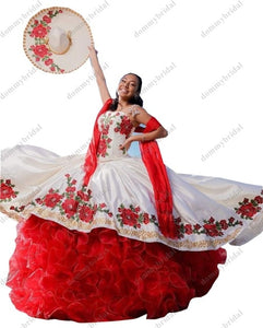 Beautiful Red and White Vestido De 15 Anos Mexican 2022 Cheap Quinceanera Sweet 15 Dresses Crystal Charro Flowers Embroidered