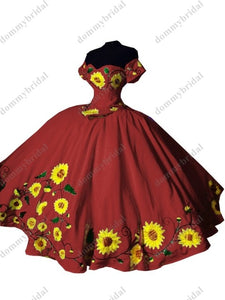 2022 Dark Blue Sunflower Embroidery Ball Gown Cheap Quinceanera Dress Charro Mexican Satin Off Shoulder with Sleeves Formal Prom