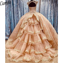 Load image into Gallery viewer, Gorgeous Blush Lace Ball Gown 2021 Mexican Quinceanera Prom Dresses Charro Jewel Sheer Neck with Train Beaded Sweet 16 Dress
