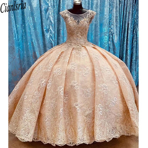 Gorgeous Blush Lace Ball Gown 2021 Mexican Quinceanera Prom Dresses Charro Jewel Sheer Neck with Train Beaded Sweet 16 Dress