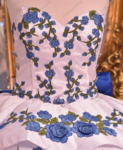 2022 Royal Blue and White 3D Floral Flowers Vestido De 15 Anos Ball Gown Quinceanera Prom Dress Mexican Charro XV Satin Lace
