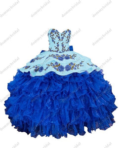 2022 Royal Blue and White 3D Floral Flowers Vestido De 15 Anos Ball Gown Quinceanera Prom Dress Mexican Charro XV Satin Lace