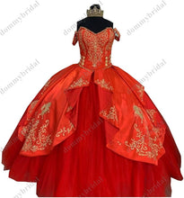 Load image into Gallery viewer, Fashion Detachable Sleeves Quinceanera Dresses Gold Embroidery Mexican Charro Ball Gown Red Satin Tulle Prom Evening Homecoming
