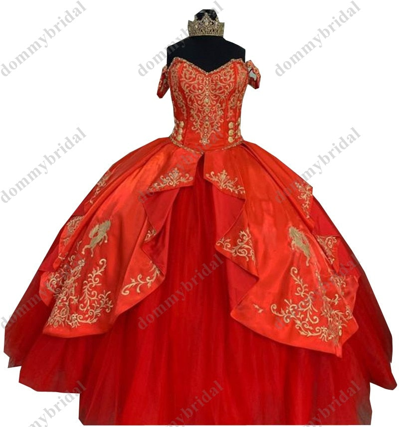 Fashion Detachable Sleeves Quinceanera Dresses Gold Embroidery Mexican Charro Ball Gown Red Satin Tulle Prom Evening Homecoming