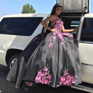 Embroidered Damas Quinceanera Dresses Black Satin Sweetheart Corset Back Charro Vestidos De Sweet 16 Dress Ball Gowns Prom Dress