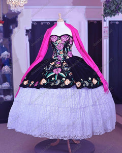 2022 Sexy Black Velvet White Lace Mexican Charro Quinceanera Dresses Colorful Flower Embroidery Pattern Sweet 15 16 Prom Formal