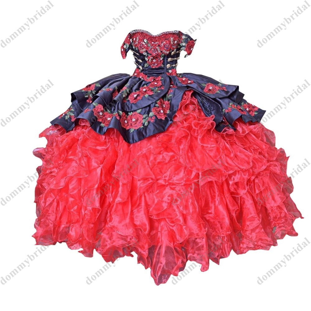 Fashion Red and Black Off the shoulder Ball Gown Pearls Quinceanera Graduation Dresses Charro with Cap Short Sleeves Flowers XV