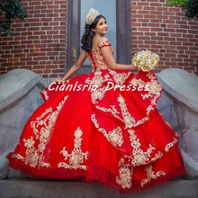 Load image into Gallery viewer, 2022 Stunning Red and Gold Embellishment Quinceanera Dresses Charro Ball Gown Off the shoulder with Sleeves Puffy Skirt Satin Sw
