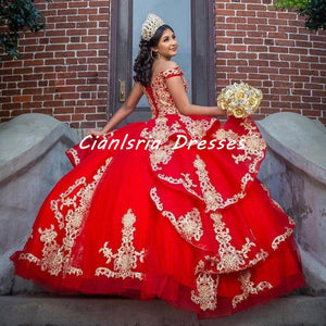 2022 Stunning Red and Gold Embellishment Quinceanera Dresses Charro Ball Gown Off the shoulder with Sleeves Puffy Skirt Satin Sw