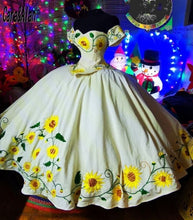 Load image into Gallery viewer, Elegant Sunflower Embroidery Quinceanera Dresses Off the Shoulder Puffy Satin Charro Vestido De 15 Años 2021 Sweet 16 Prom Gowns
