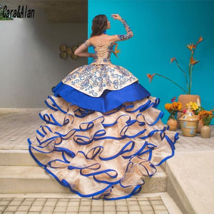 Charro Vestido Mexicano Two Pieces Quinceanera Dress Beading Embroidery Ruffles Skirt Sweet 16 Corset Dress vestidos de XV años