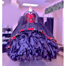 Load image into Gallery viewer, Black Quinceanera Dresses Charro Floral Embroidered Off The Shoulder Sweet 16 Dress Mexican Theme
