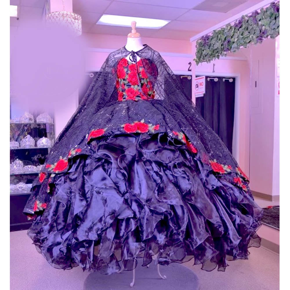 Black Quinceanera Dresses Charro Floral Embroidered Off The Shoulder Sweet 16 Dress Mexican Theme