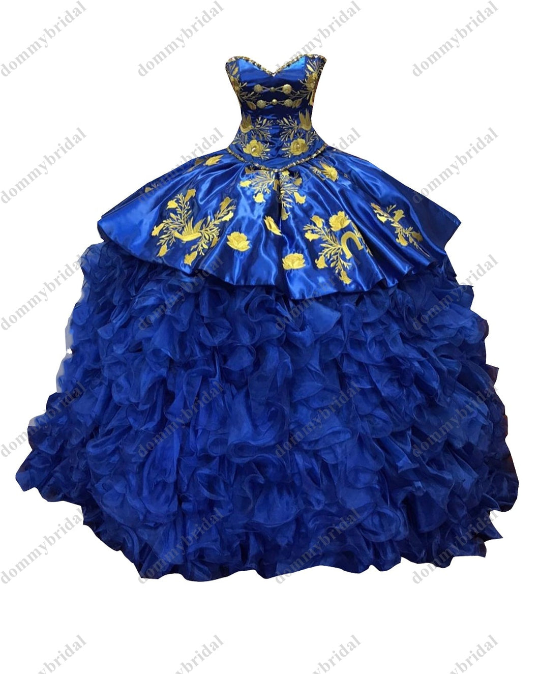 2021Gorgeous Gold Embroidered Royal Blue Cheap Quinceanera Dress Charro Mexican Strapless Ruched Crystal Vestido De 15 Anos XV