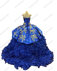 2021Gorgeous Gold Embroidered Royal Blue Cheap Quinceanera Dress Charro Mexican Strapless Ruched Crystal Vestido De 15 Anos XV