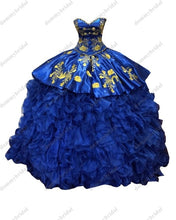 Load image into Gallery viewer, 2021Gorgeous Gold Embroidered Royal Blue Cheap Quinceanera Dress Charro Mexican Strapless Ruched Crystal Vestido De 15 Anos XV
