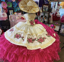 Load image into Gallery viewer, Amazing Hot Pink Sweetheart Bodice Medallions 3D Floral Applique Embroidery Tiered Skirt Charro Quinceanera Ball Gown Vestidos
