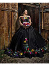 Load image into Gallery viewer, Sexy Black Mexican Colorful Flower Embroidery Ball Gown Satin Quinceanera Prom Formal Party Dresses 2022 Princess Vestido De 15
