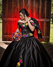 Load image into Gallery viewer, Sexy Black Mexican Colorful Flower Embroidery Ball Gown Satin Quinceanera Prom Formal Party Dresses 2022 Princess Vestido De 15
