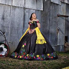 Load image into Gallery viewer, Sexy Black Mexican Colorful Flower Embroidery Ball Gown Satin Quinceanera Prom Formal Party Dresses 2022 Princess Vestido De 15
