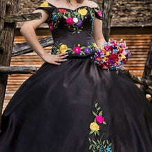 Load image into Gallery viewer, Sexy Black Mexican Colorful Flower Embroidery Ball Gown Satin Quinceanera Prom Formal Party Dresses 2022 Princess Vestido De 15
