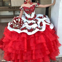Load image into Gallery viewer, White And Red Mexican Quinceanera Dress With Tiered Skirt Embroidery Ball Gown Corset Sweet 16 Dress Extra Puffy Prom Dresses
