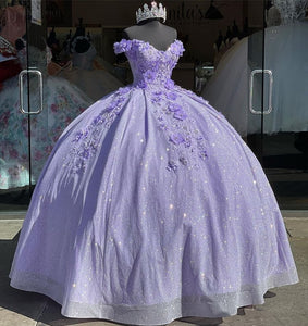 Lilac Sparkly Ball Gown Quinceanera Dresses 2022 3D Flower Sweetheart Applique Sweet 15 16 Dress Birthday Party Wear