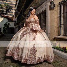 Load image into Gallery viewer, Rose Gold Sparkly Ball Gown Quinceanera Dresses Detachable Sleeves Sweetheart Sequines Applique Sweet 16 Dress Party Wear

