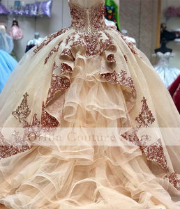 Rose Gold Sparkly Ball Gown Quinceanera Dresses Detachable Sleeves Sweetheart Sequines Applique Sweet 16 Dress Party Wear