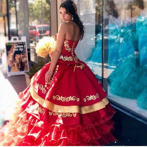 vestidos de quinceañera Red Quinceanera Dress Sweetheart Satin Tiered Skirt Mexican Sweet 16 Dress