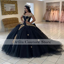 Load image into Gallery viewer, Black Gold Lace vestido 15 anos Party Dress 2022 Off Shoulder Puffy Tulle Quinceanera Prom Gowns for Mexican Girl
