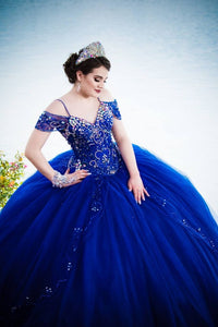 Royal Blue Beads Crystal Quinceanera Dresses Puffy Skirt Vestidos Para XV Años Sweet 16 Dress robe de soirée