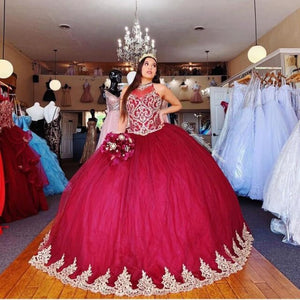Vintage Rhinestones Beading Sweet 16 Dress High Neck Sleeveless vestidos de quinceañera Ball Gown Prom Dress
