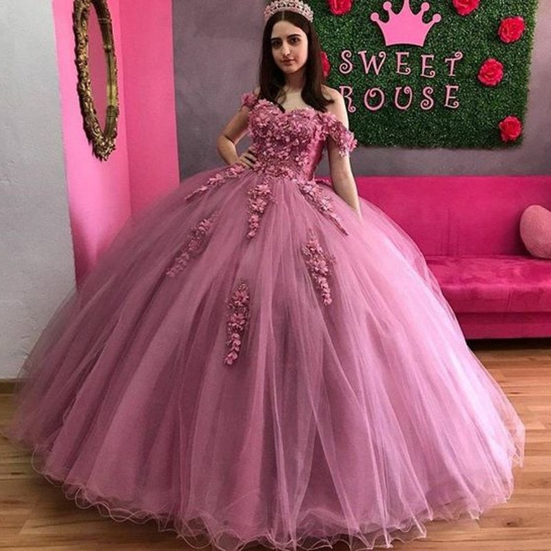 Charming vestidos de 15 Quinceanera Dress 3D Applique Puffy Skirt Lace-Up Back Sweet 16 Dress Long Prom Gowns