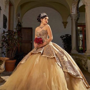 Gold Ball Gown Quinceanera Dress Lace Applique Beaded Sweet 16 Dress vestido de 15 anos off the Shoulder  Pageant Party Gowns