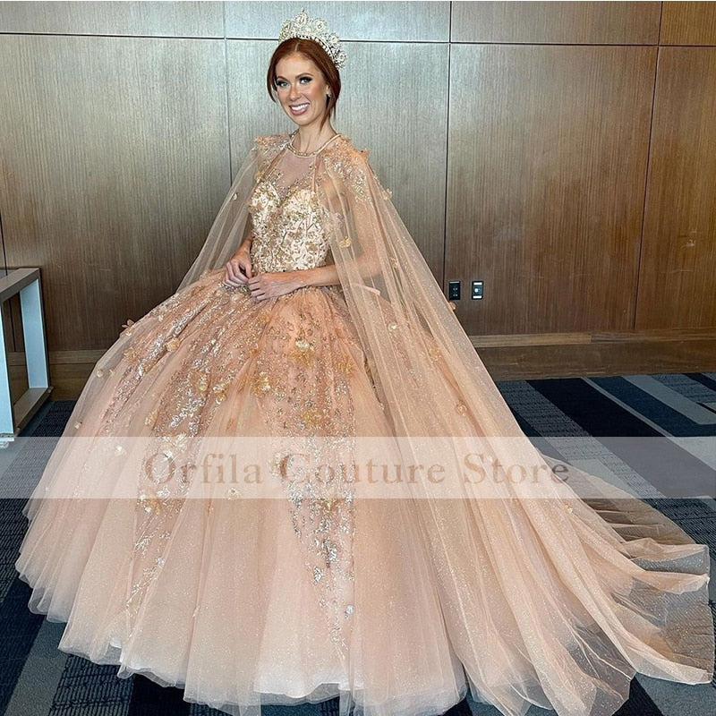 2022 Collection Quinceanera Dress With Cape Sheer Neck Sequins Lace Beads Sweet 16 Gown Vestidos De 15 Años XV