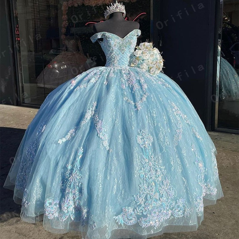 Vestidos De 15 Años Sky Blue Quinceanera Dresses Lace Applique Beaded Bling Organza Off Shoulder Sweet 16 Dress robe de soirée