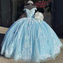 Load image into Gallery viewer, Vestidos De 15 Años Sky Blue Quinceanera Dresses Lace Applique Beaded Bling Organza Off Shoulder Sweet 16 Dress robe de soirée
