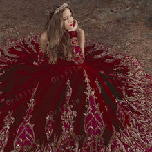 Load image into Gallery viewer, Burgundy Velvet Princess Quinceanera Dress Ball Gown Sequins Lace Applique Vestido Mexicano Style Sweet 15 Prom Gown
