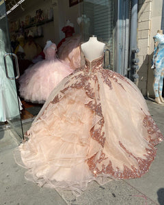 Rose Gold Sequins Applique Quinceanera Dresses 2021 Sweetheart Lace-up Corset Ruffles Tiered Skirt Princess Vestido mexicano