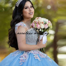 Load image into Gallery viewer, New Sky Blue Princess Quinceanera Dress Ball Gown Bead Lace Applique Vestido Mexicano Style Sweet 15 Prom Gown
