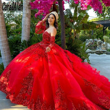 Load image into Gallery viewer, Mexican Dark Red vestidos de 15 años Quinceanera Dress with Removeable Sleeves Sequin Applique Sweet 16 Dress Long Prom Gown
