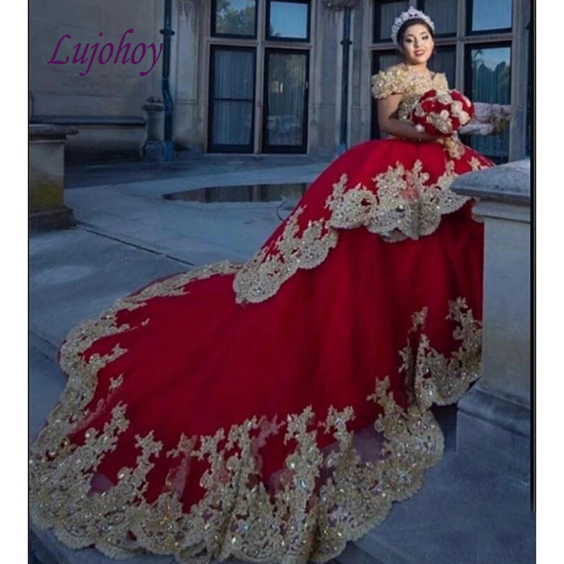 Red and Gold Quinceanera Dresses Ball Gown Mexican Tulle Plus Size Princess Masquerade Sweet 16 Prom Dress 15 year old